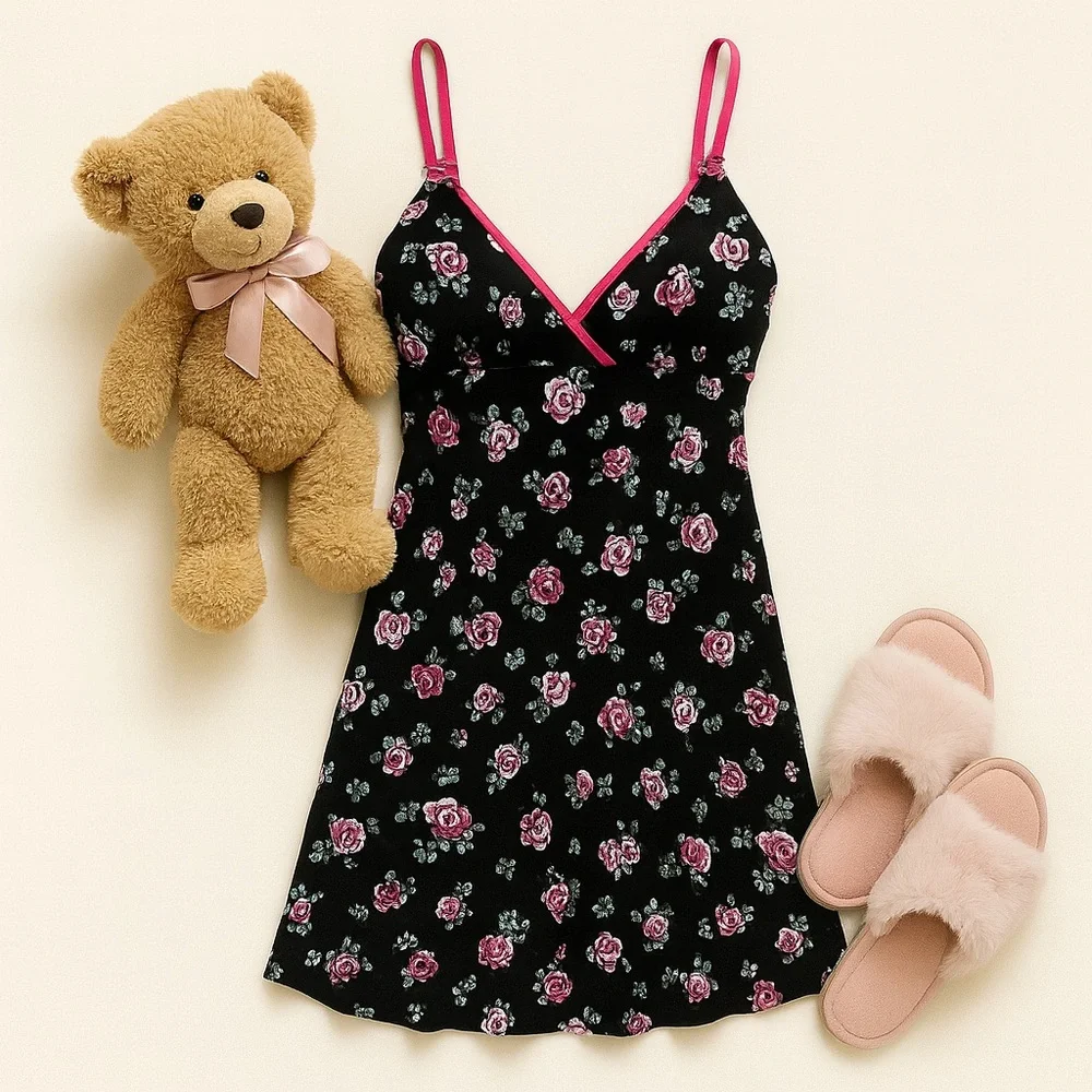 Y2K Black Floral Babydoll Slip Dress XS Cottagecore Grunge Lingerie Aesthetic